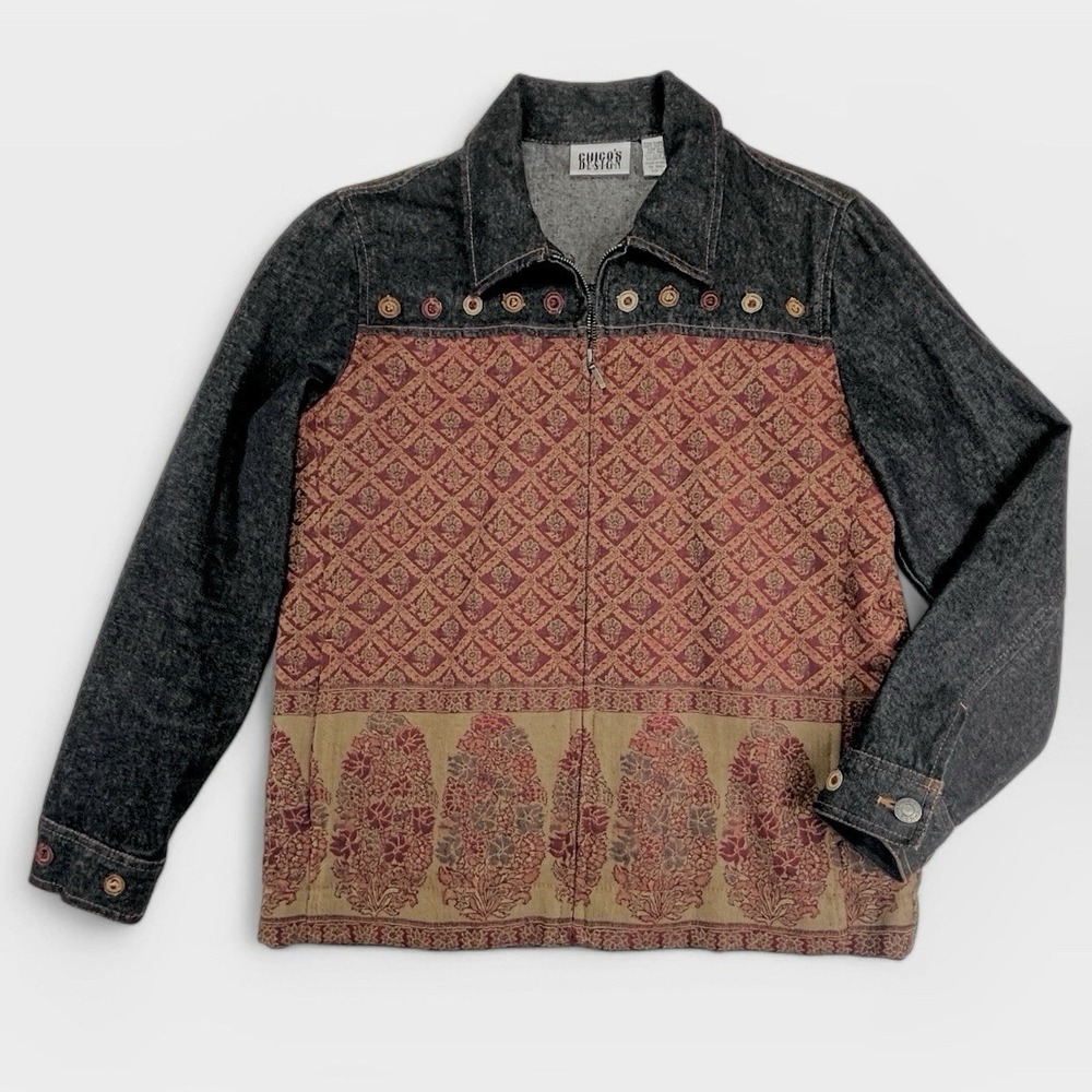 Chico's Denim Jean Jacket Womens Sz 0 Small 4 Tapestry‎ Black Burgundy Boho Wool
